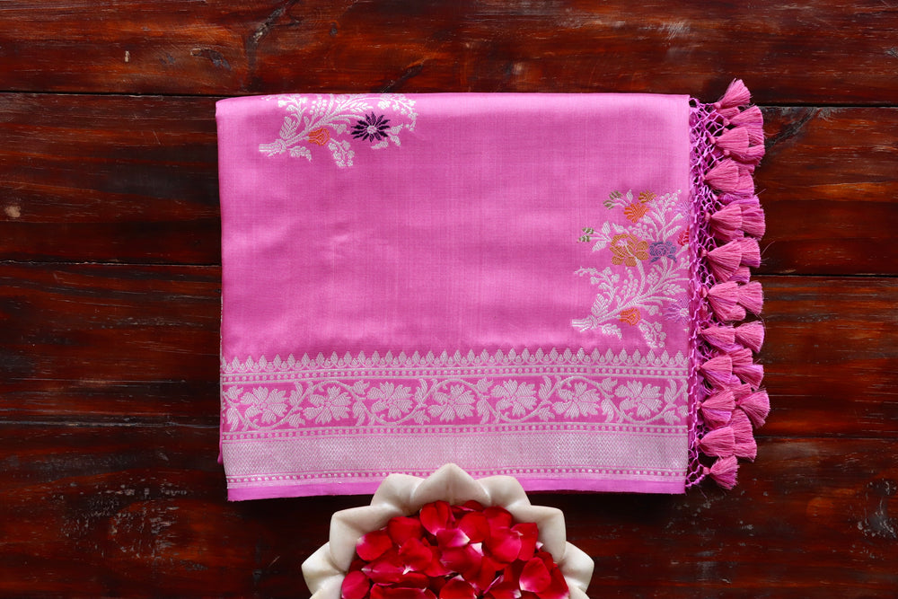 Pink handloom Banarsi saree with guldasta motifs in pure Katan silk