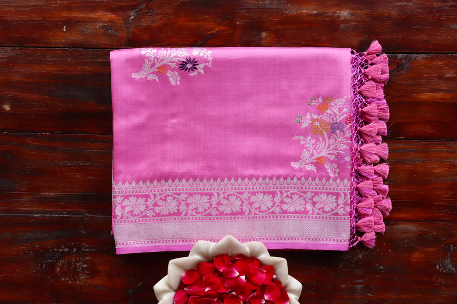 Pink handloom Banarsi saree with guldasta motifs in pure Katan silk