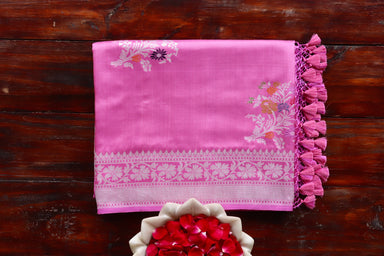 Pink handloom Banarsi saree with guldasta motifs in pure Katan silk