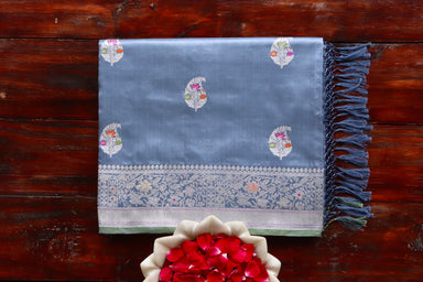 Grey handloom Banarsi saree with kairy motifs in pure silk