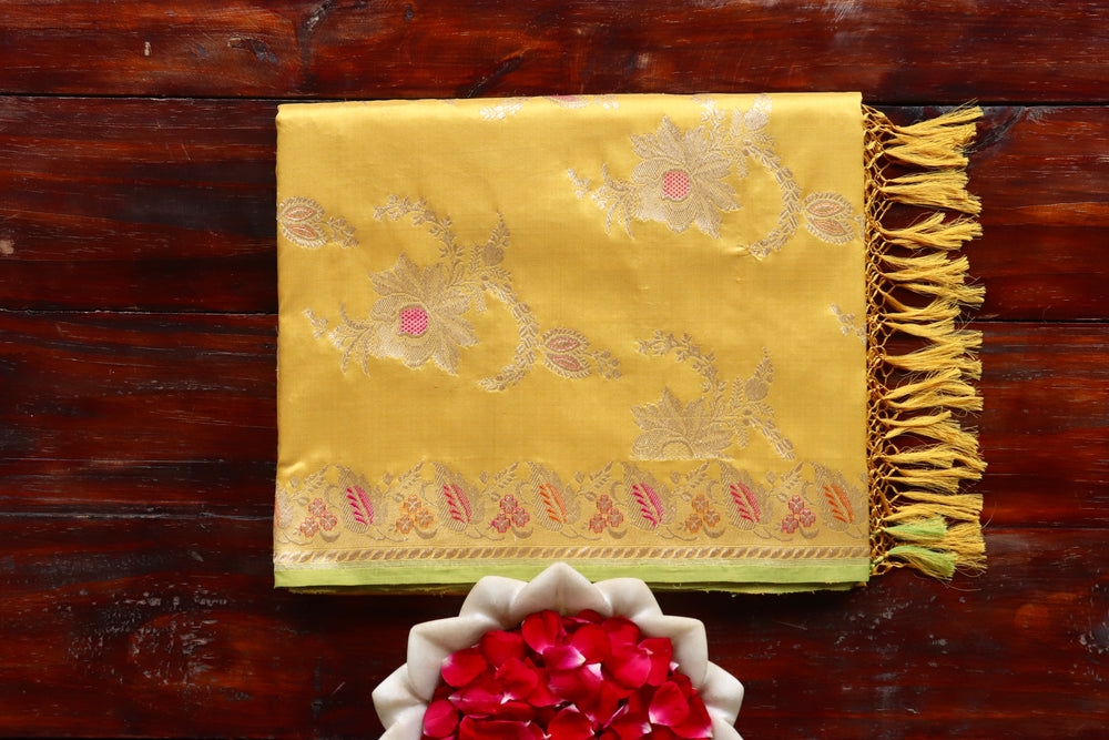 Mustard Yellow handloom Banarsi saree with kadhua motifs in pure silk
