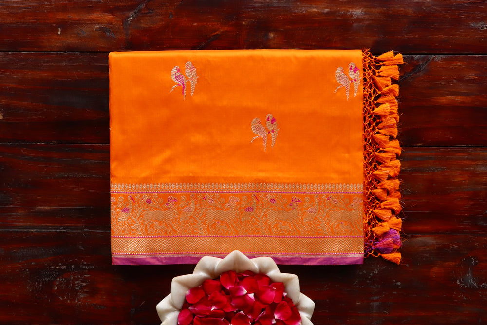 Orange Bird Motif Kadhua Silk Banarasi Saree | Stuti Weaves