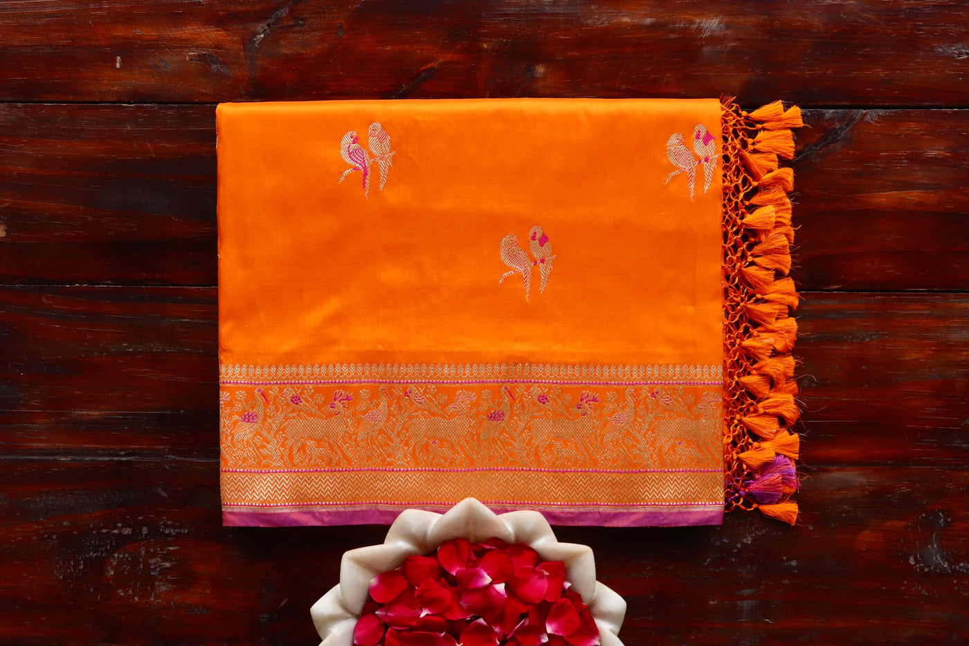 Orange Bird Motif Kadhua Silk Banarasi Saree | Stuti Weaves