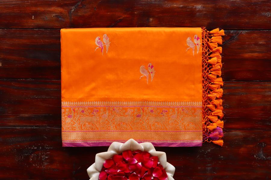 Orange Bird Motif Kadhua Silk Banarasi Saree | Stuti Weaves