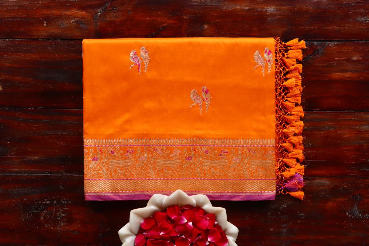Orange Bird Motif Kadhua Pure Silk Handloom Banarasi Saree