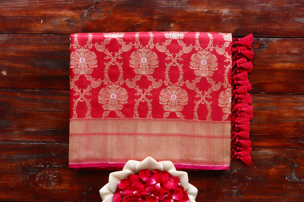 Red handloom Banarsi saree with jangla motifs in pure silk