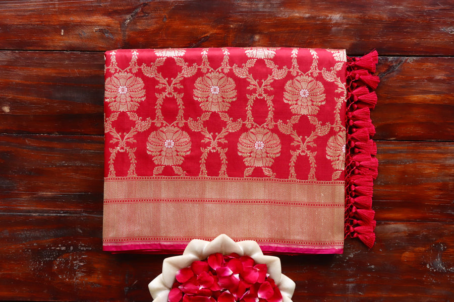 Red handloom Banarsi saree with jangla motifs in pure silk