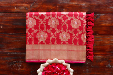 Red handloom Banarsi saree with jangla motifs in pure silk