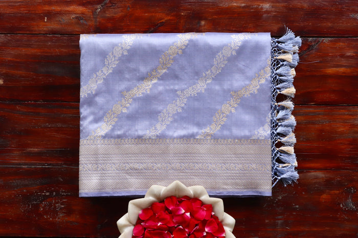 Lavender Grey Aada Jangla Pure Katan Silk Banarsi Saree