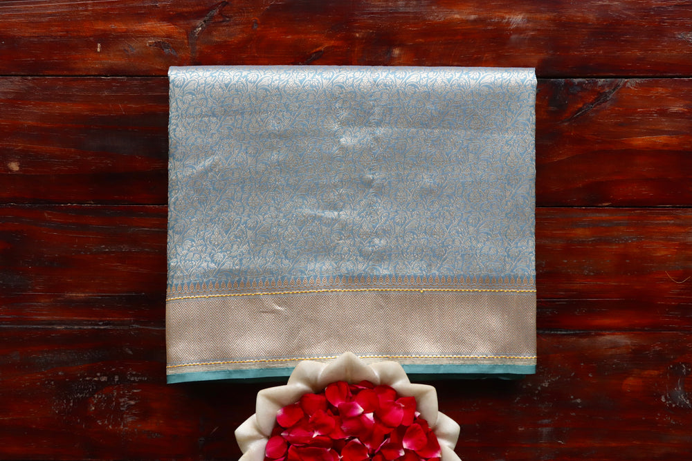 Slate Blue Brocade Jaal Pure Silk Handloom Banarasi Saree