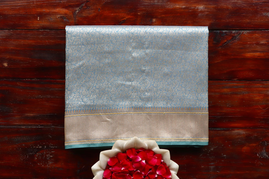 Slate Blue Brocade Jaal Pure Silk Handloom Banarasi Saree