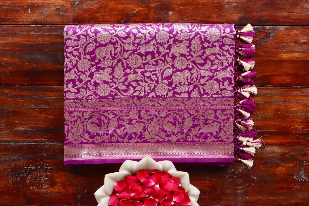 Magenta Shikargah Pure Silk Handloom Banarasi Saree