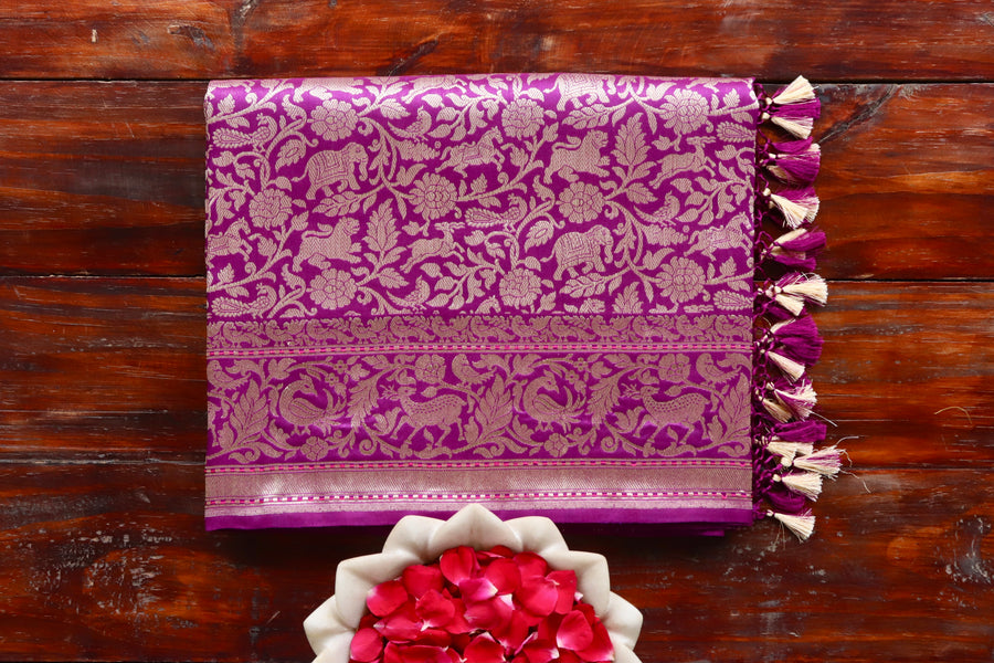 Magenta Shikargah Pure Silk Handloom Banarasi Saree