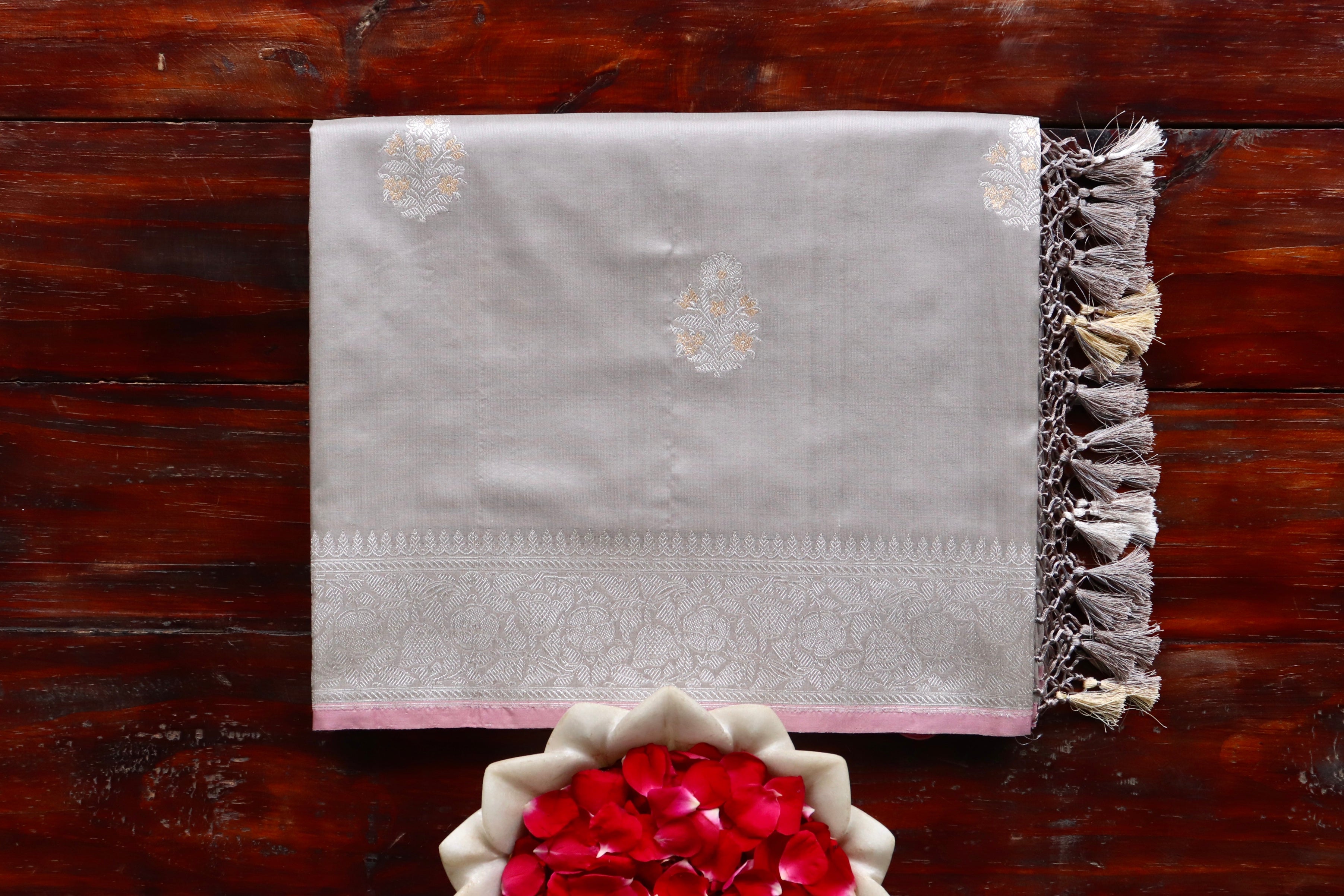 Grey handloom Banarsi saree with kadhua motifs in pure silk