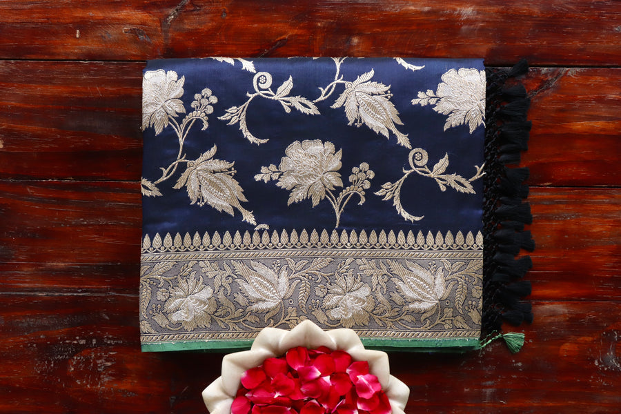 Blue handloom Banarsi saree with jangla motifs in pure silk