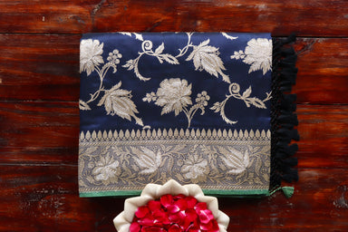 Blue handloom Banarsi saree with jangla motifs in pure silk