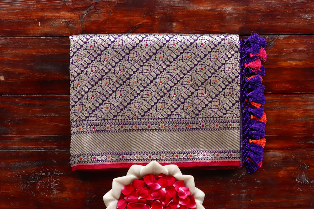 Purple handloom Banarsi saree with tanchoi motifs in pure silk