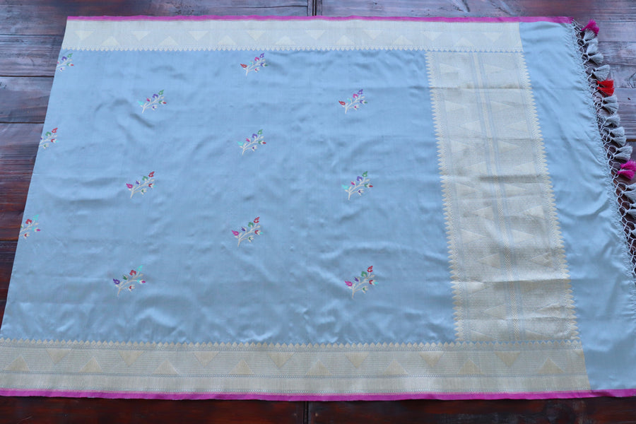 Silk texture of Sky Blue Leaf Banarasi dupatta