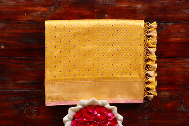 Yellow handloom Banarsi saree with tanchoi motifs in pure silk