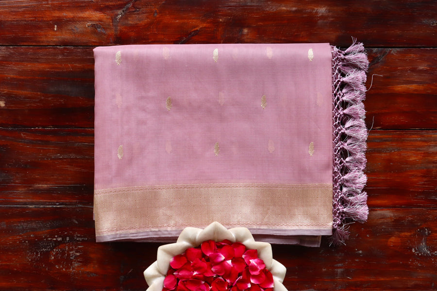 Dusty Rose handloom Banarsi saree with kairy motifs in pure Kora silk