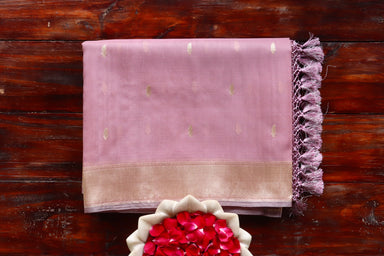 Dusty Rose handloom Banarsi saree with kairy motifs in pure Kora silk