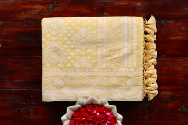 Yellow handloom Banarsi saree with cutwork motifs in cotton