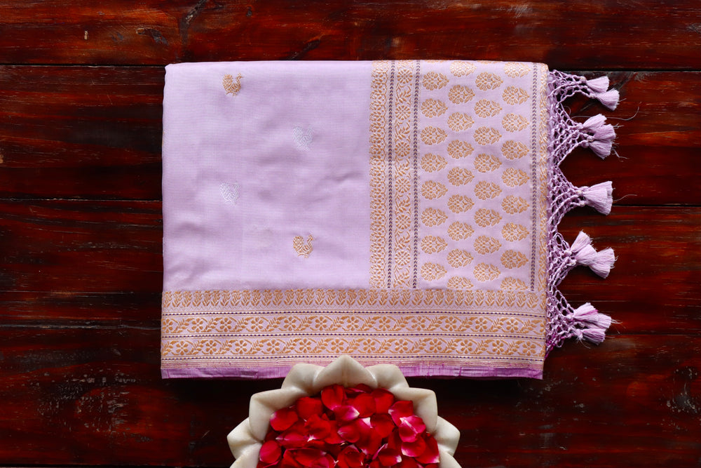 Lilac handloom Banarsi saree with peacock motifs in pure silk