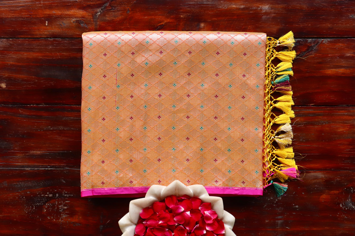 Peach handloom Banarsi saree with tanchoi motifs in pure silk