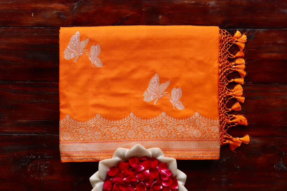 Handloom Banarsi saree with butterfly motifs in pure silk