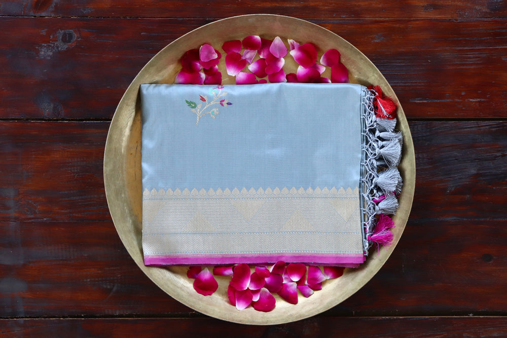 Sky Blue Leaf Motif pure silk handloom Banarasi dupatta