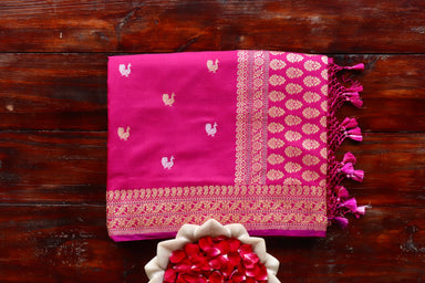 Rani Pink handloom Banarsi saree with peacock motifs in pure silk
