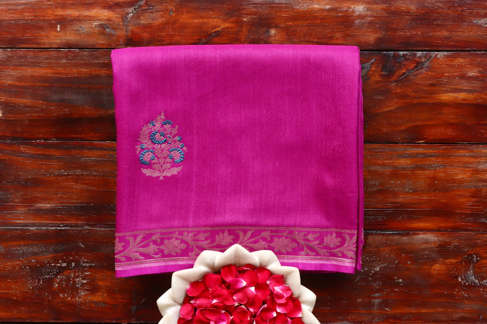 Purple handloom Banarsi saree with kadhua motifs in Munga silk
