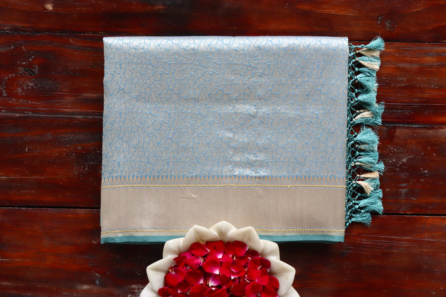 Slate Blue handloom Banarsi saree with jaal motifs in pure silk