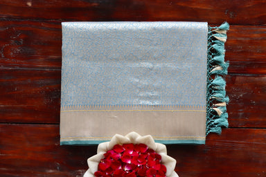 Slate Blue handloom Banarsi saree with jaal motifs in pure silk