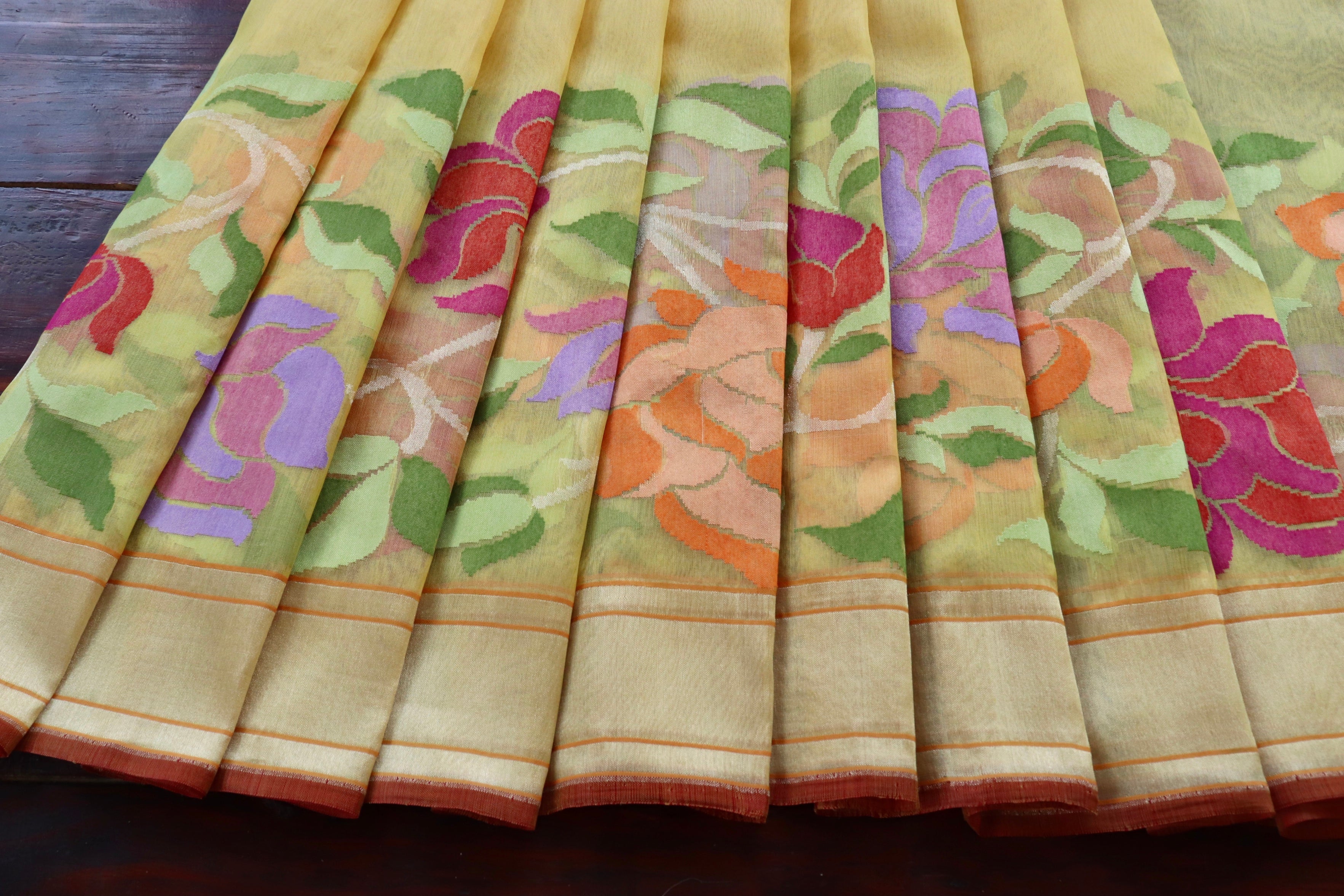 Yellow Pure Kora Silk Handloom Saree