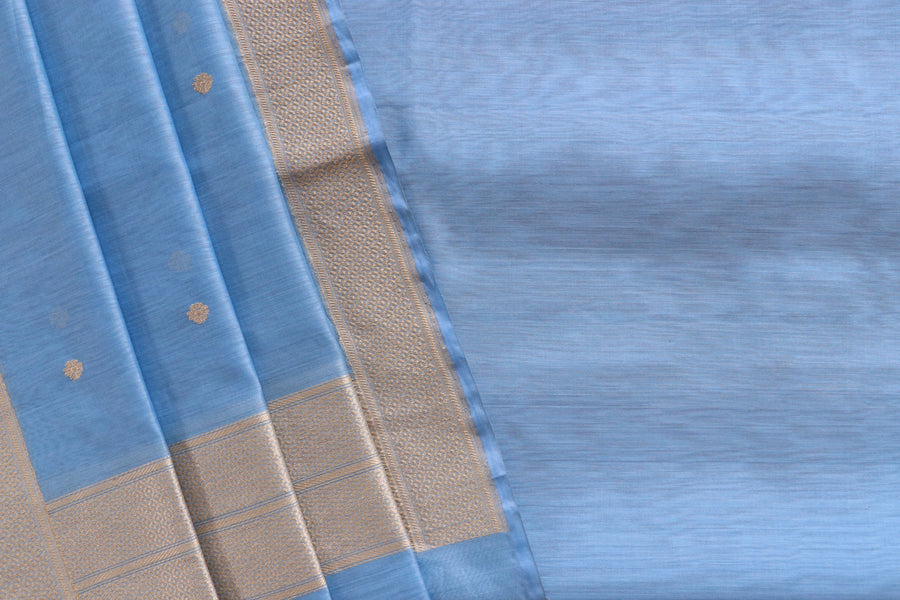 Powder Blue Zari Yoke Silk Handloom Banarasi Suit Set