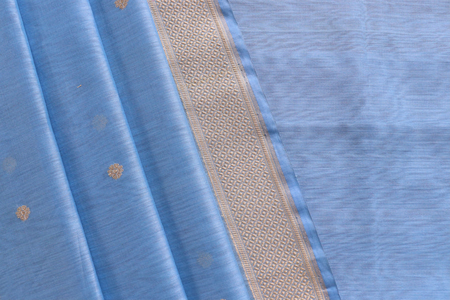 Powder Blue Zari Yoke Silk Handloom Banarasi Suit Set
