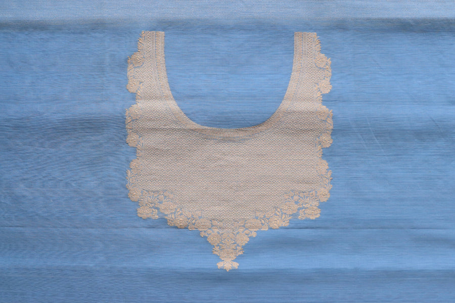 Powder Blue Zari Yoke Silk Handloom Banarasi Suit Set