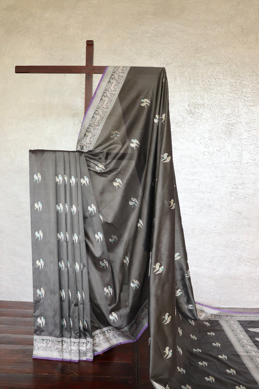 Steal Grey Bird Motif Kadhua Pure Silk Handloom Banarasi Saree