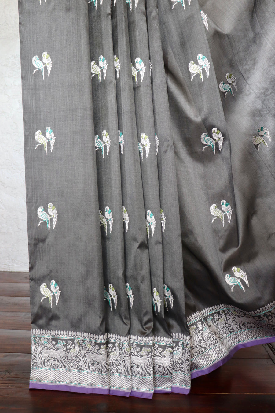 Steal Grey Bird Motif Kadhua Pure Silk Handloom Banarasi Saree