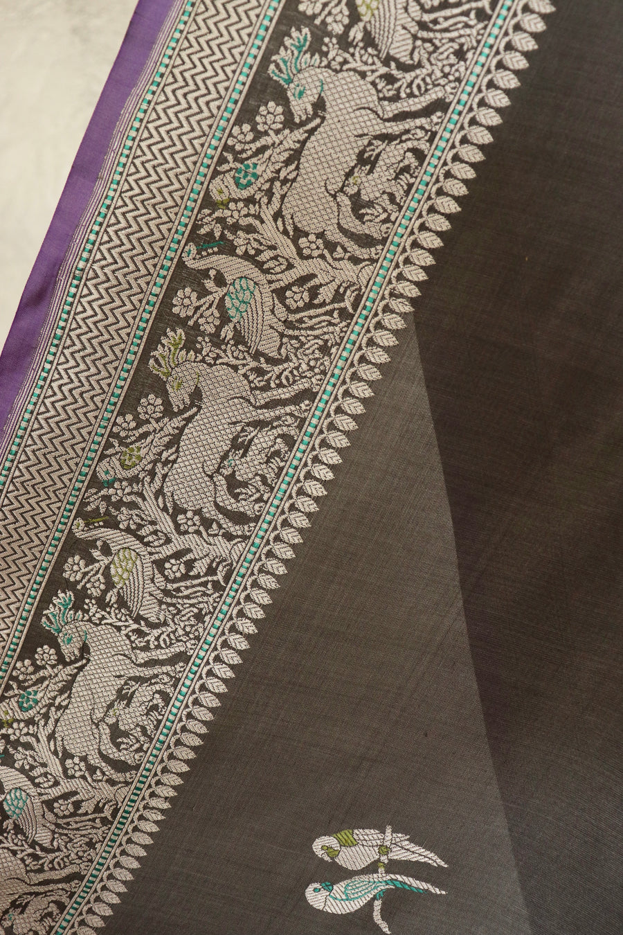 Steal Grey Bird Motif Kadhua Pure Silk Handloom Banarasi Saree