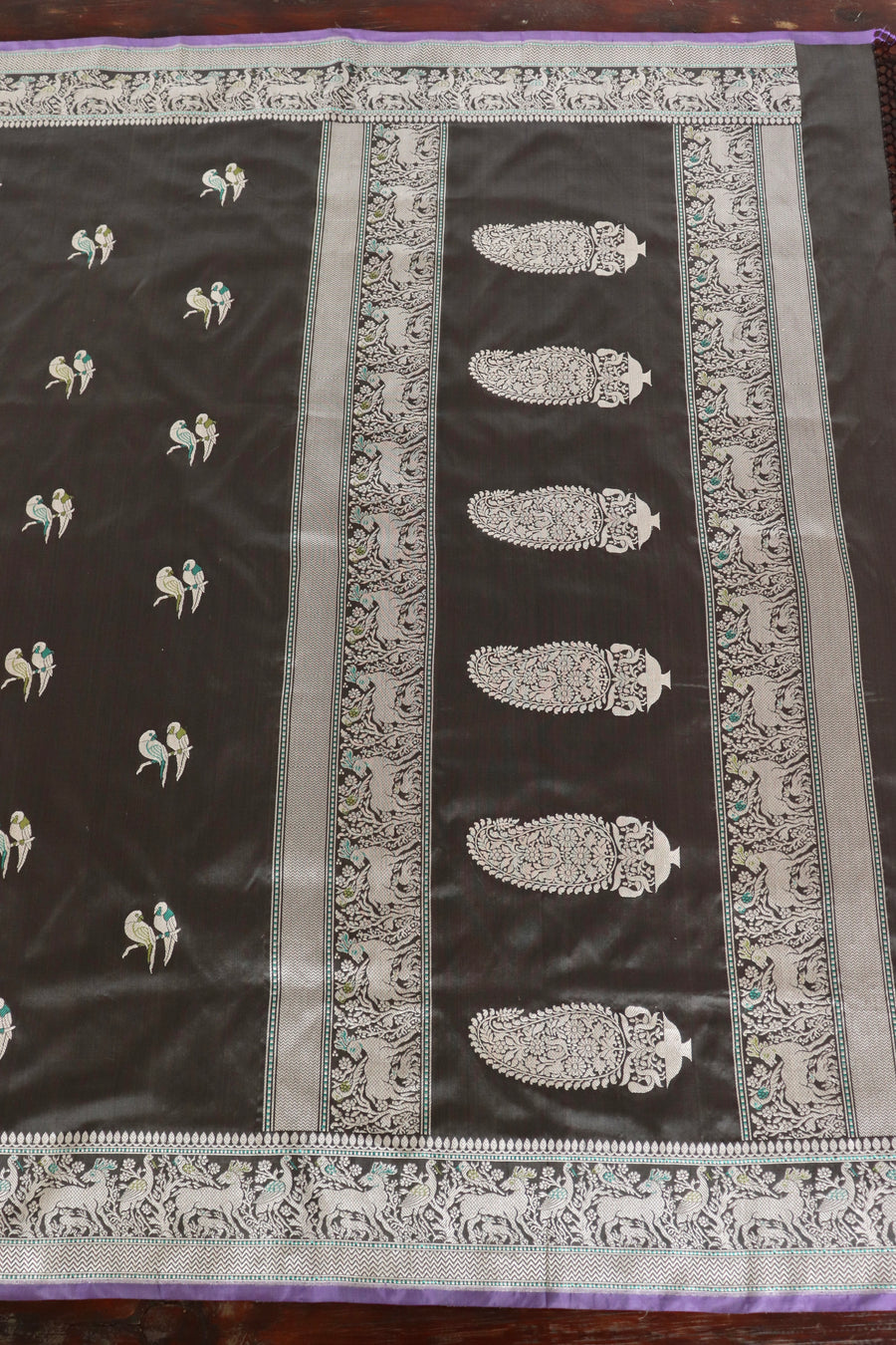 Steal Grey Bird Motif Kadhua Pure Silk Handloom Banarasi Saree