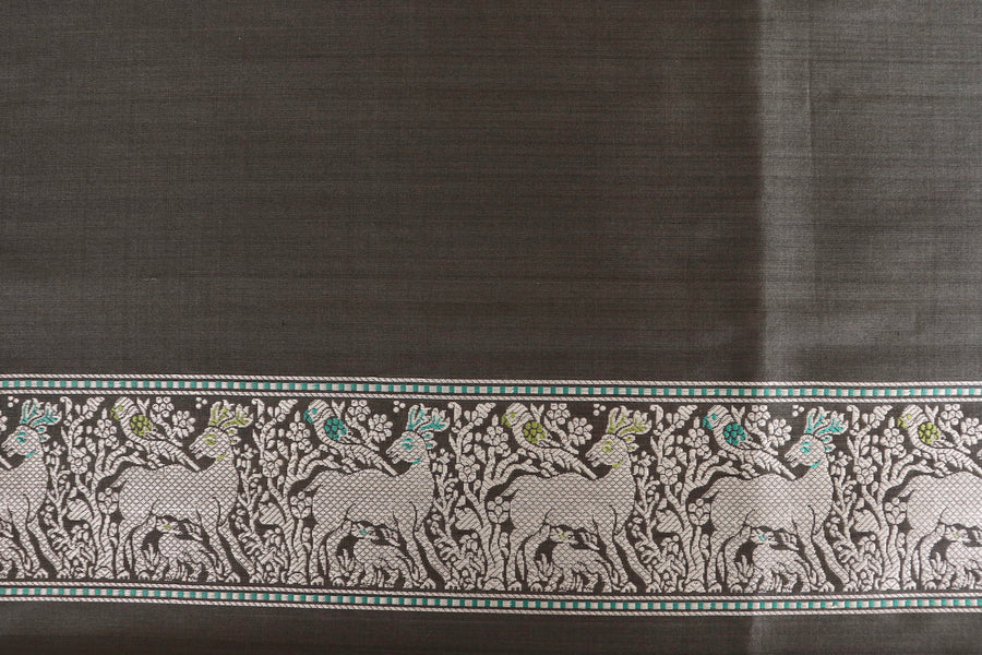 Steal Grey Bird Motif Kadhua Pure Silk Handloom Banarasi Saree