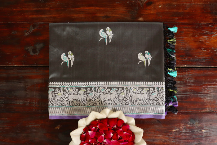 Grey handloom Banarsi saree with kadhua motifs in pure silk