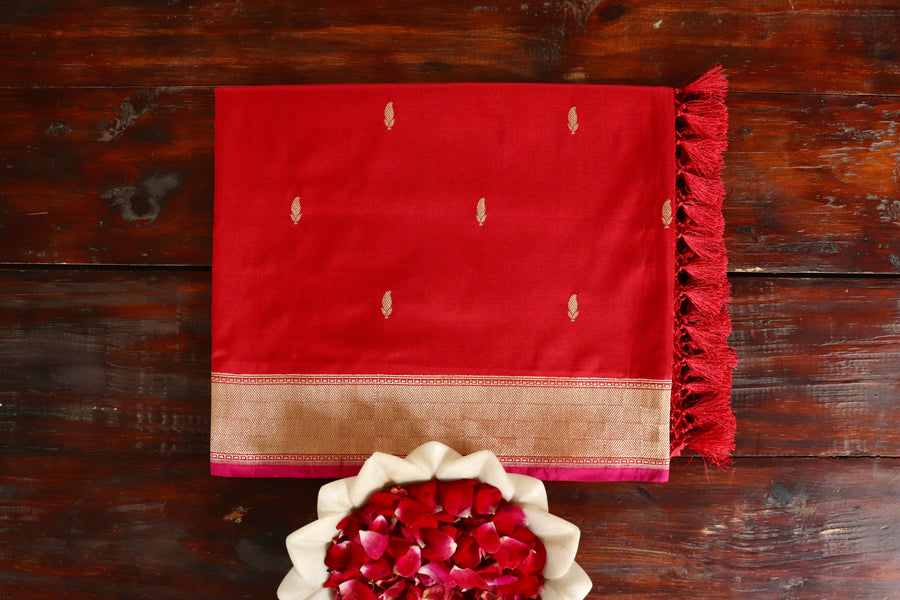 Red handloom Banarsi saree with kairy motifs in pure Kora silk