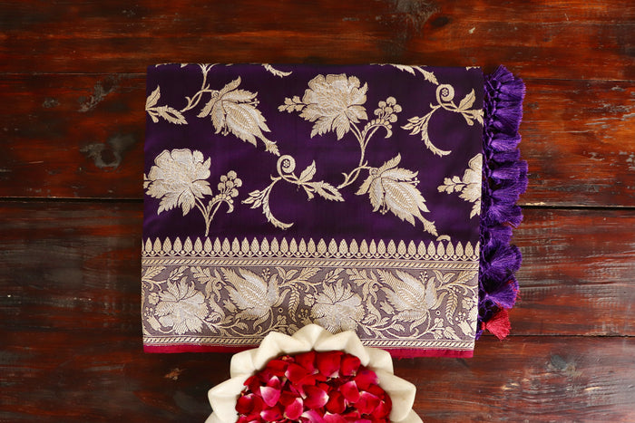 Purple handloom Banarsi saree with jangla motifs in pure silk