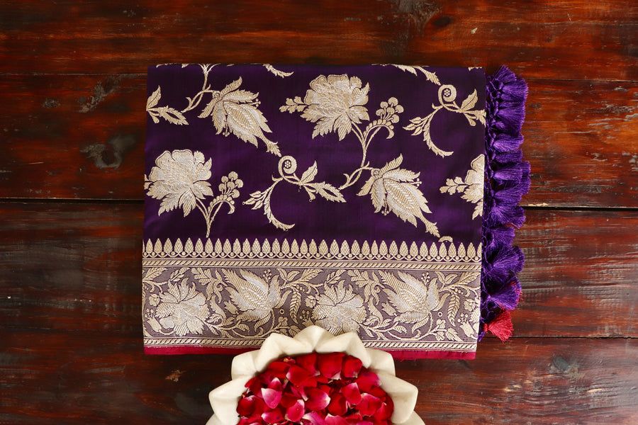 Purple handloom Banarsi saree with jangla motifs in pure silk