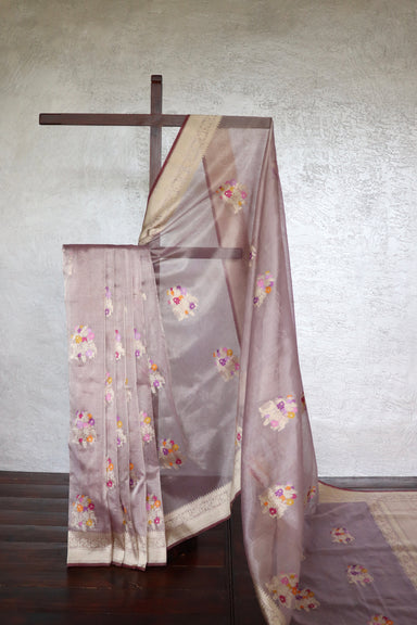 Lilac Guldasta Motif Pure Kora Silk Saree | Stuti Weaves