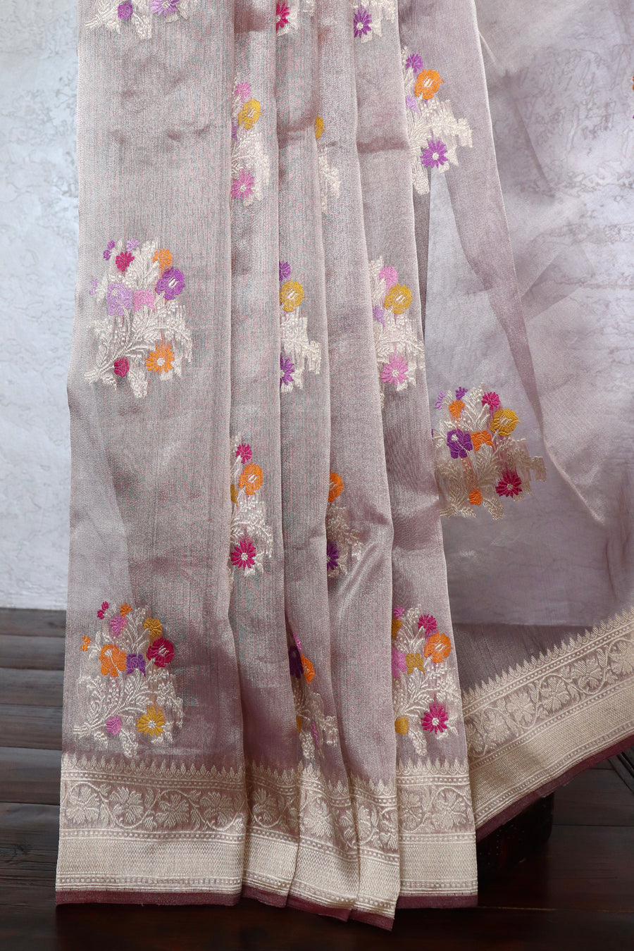 Lilac Guldasta Motif Pure Kora Silk Saree | Stuti Weaves