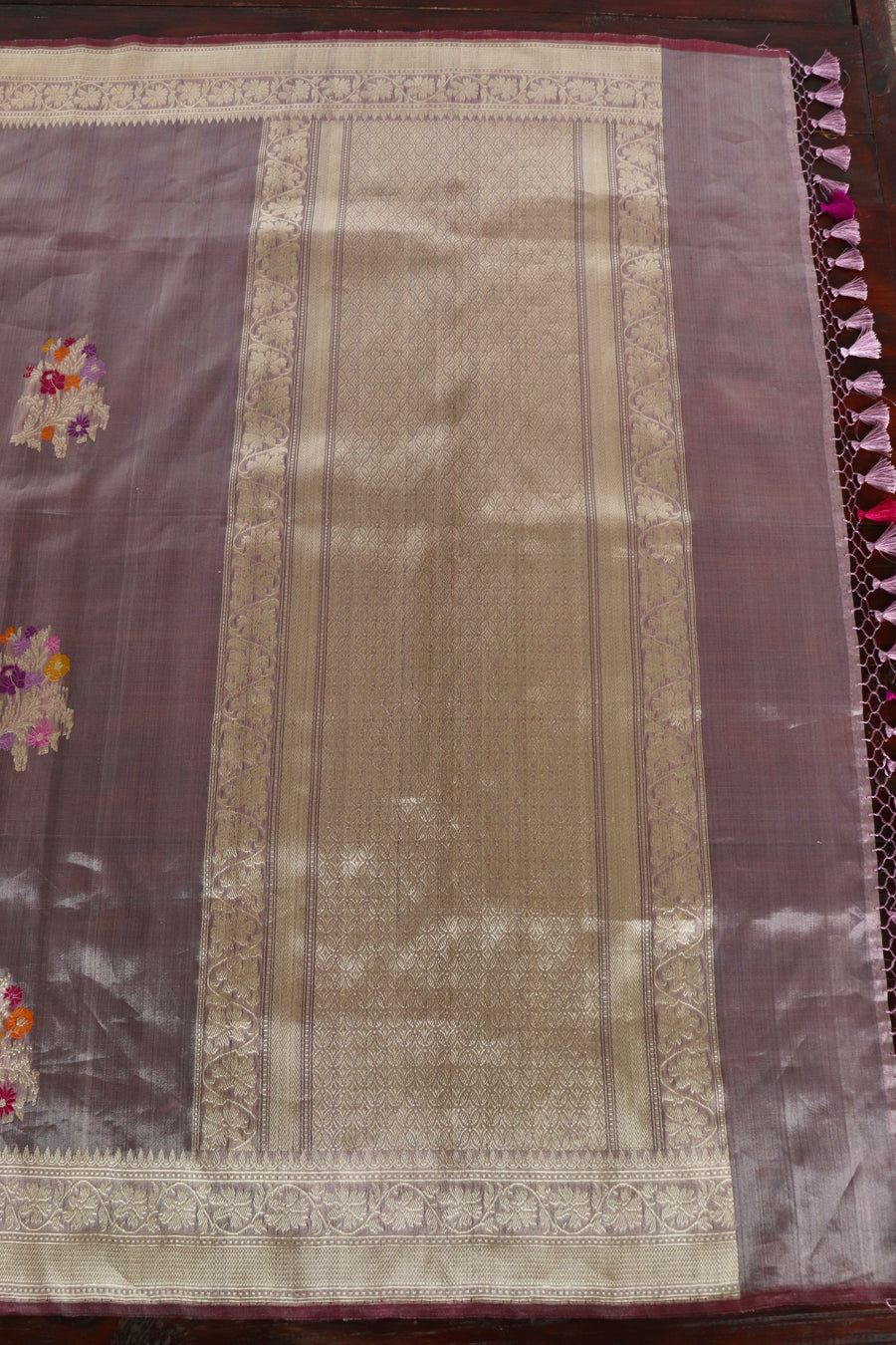 Lilac Guldasta Motif Pure Kora Silk Saree | Stuti Weaves